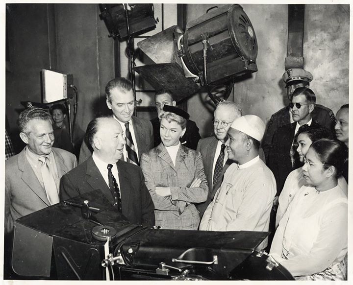 U Nu with Alfred Hitcock, Jimmy Stewart and Doris Day on the set of "The Man Who Knew Too Much".