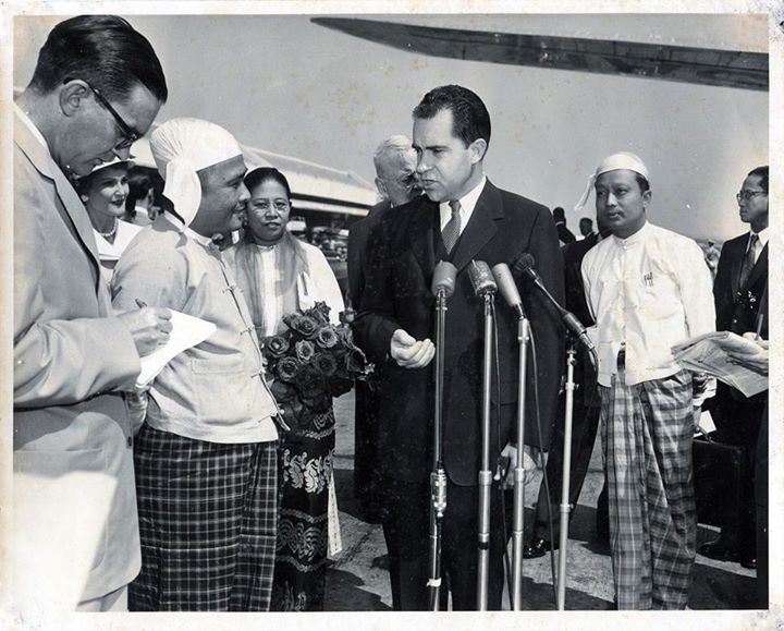 Vice President Richard Nixon welcoming U Nu to Washington (Patricia Nixon, Daw Mya Yi, Secretary of State John Foster Dulles, and U Thant in the background).