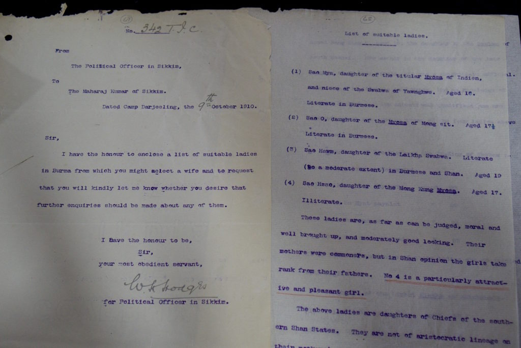 A 1910 letter from the British Political Officer in Sikkim suggesting possible Burmese brides for Prince Sidkeong